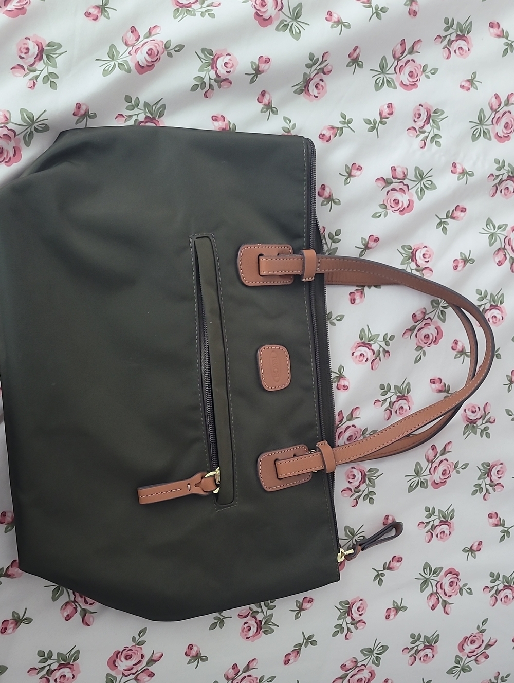 Bric's Olive Tote with Brown Trim